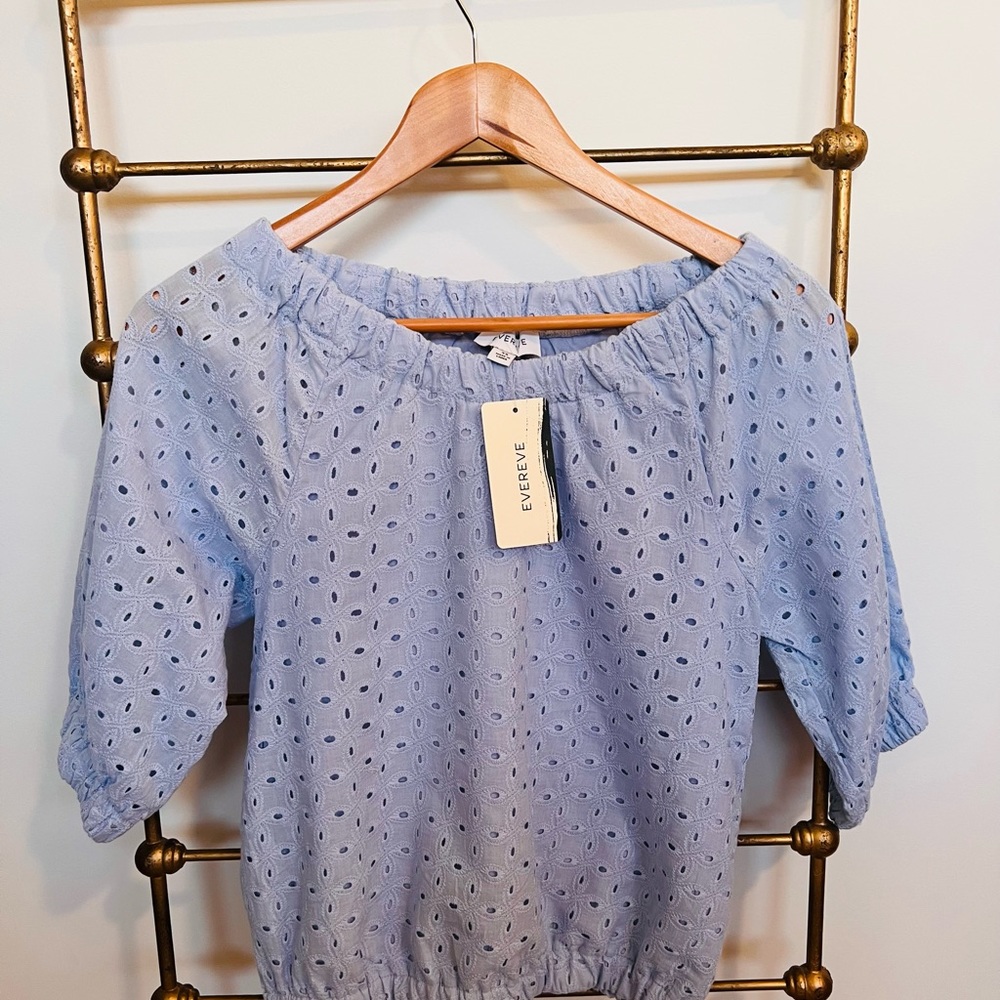 Evereve powder blue Evelyn eyelet top balloon sleeve NWT lavender
